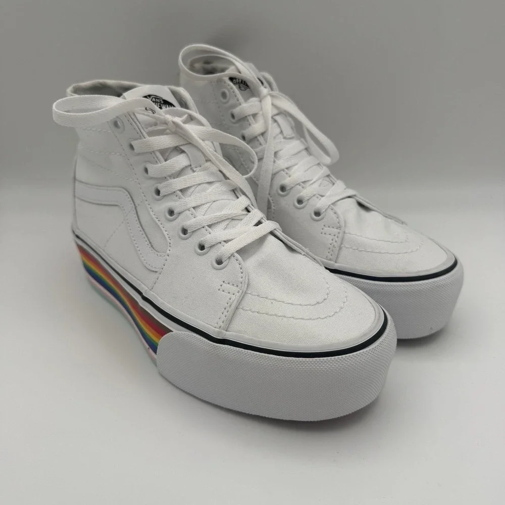 Women's Vans Sk8-Hi Tapered Stackform Pride White Rainbow Platform Shoes Sz 8.5